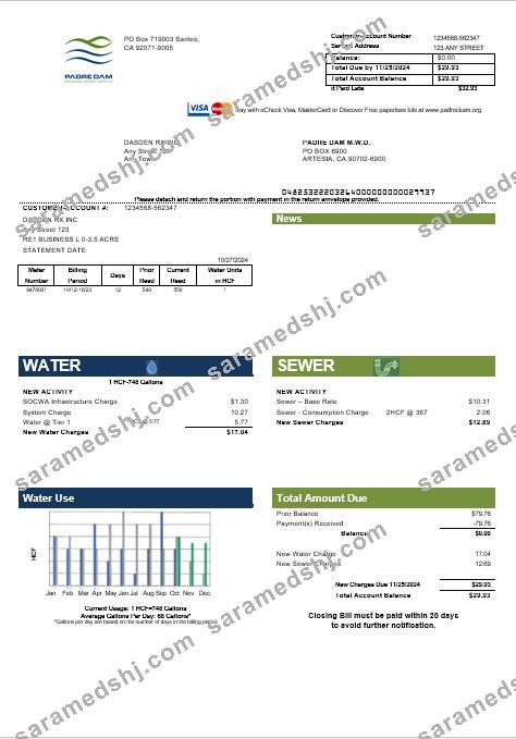 USA California Padredam business utility bill template in Word and PDF formats